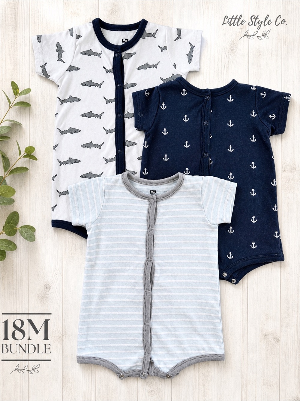 Hudson Baby 18M Baby Boy Nautical Romper Bundle Sharks Anchors Summer 3pc Outfit